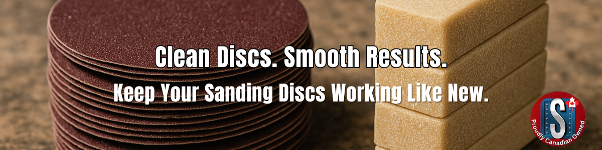 Professional banner featuring stacked sanding discs in multiple abrasive grits beside sanding belt cleaning sticks, promoting cleaner sanding, longer abrasive life, and improved sanding performance for woodworking and metalworking applications.